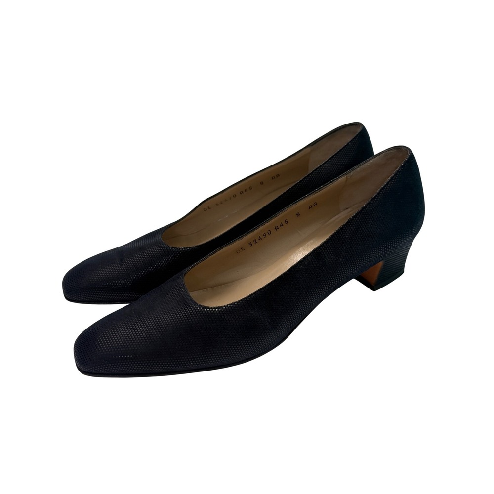 Salvatore Ferragamo Navy Blue Textured Leather Square Toe Block Heel Pumps 8 AA